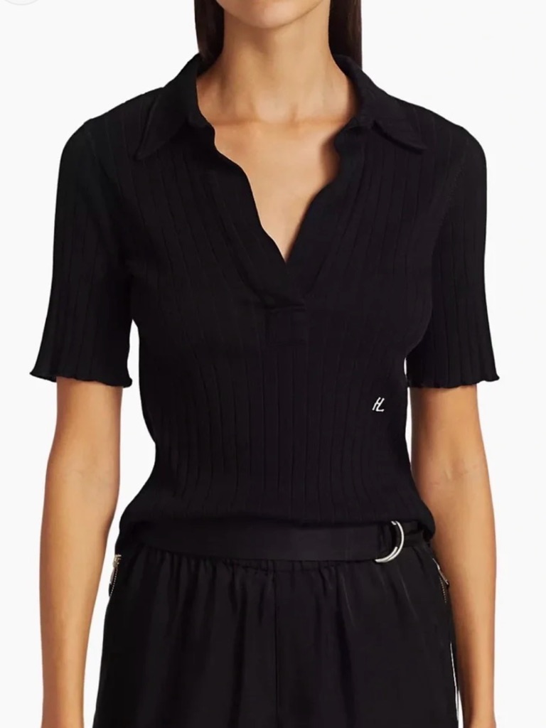 Helmut Lang Skinny Rib Polo Shirt Top S Black Cotton Minimalist Classic Normcore
